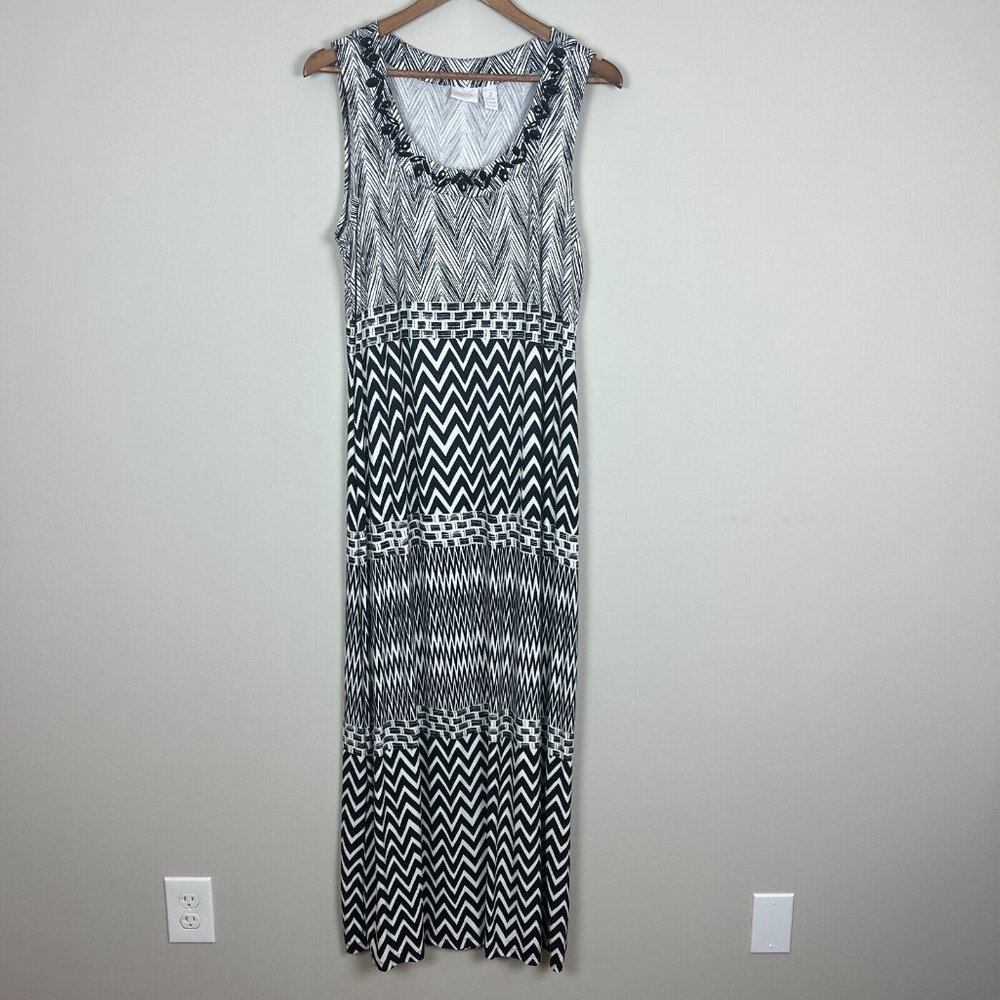 Chicos 2 Maxi Dress Womens Large‎ Black White Geometric Embellished Neckline